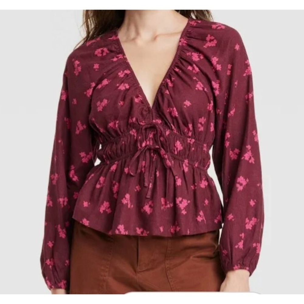 Women's Puff Long Sleeve Tie-Front Blouse shirt Universal Thread Floral size XS